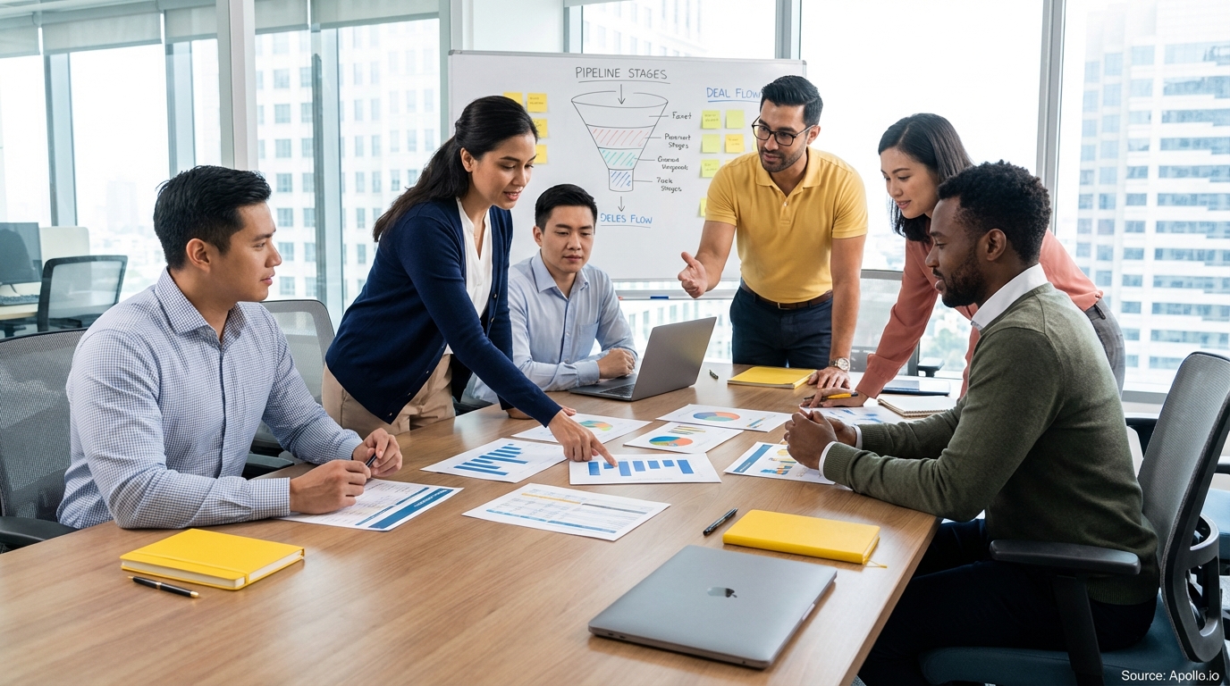 Sales professionals discussing strategy around a conference table analyzing sales pipeline