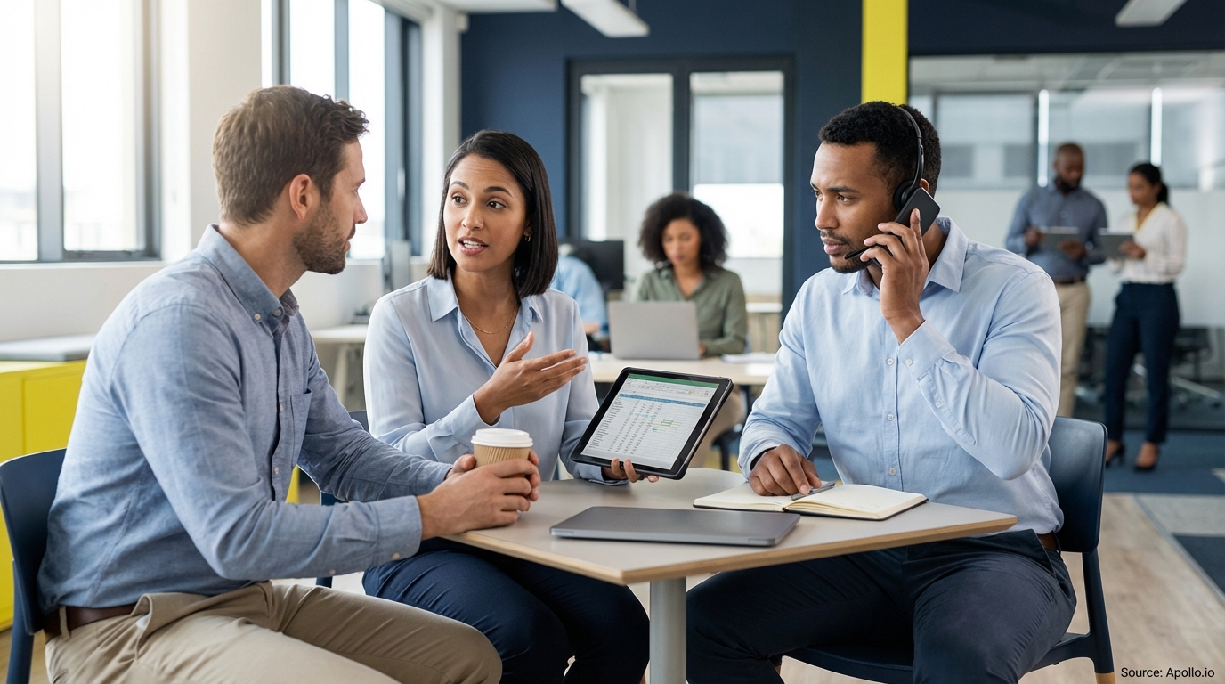 Professionals review sales data on a tablet and take calls in a collaborative office.