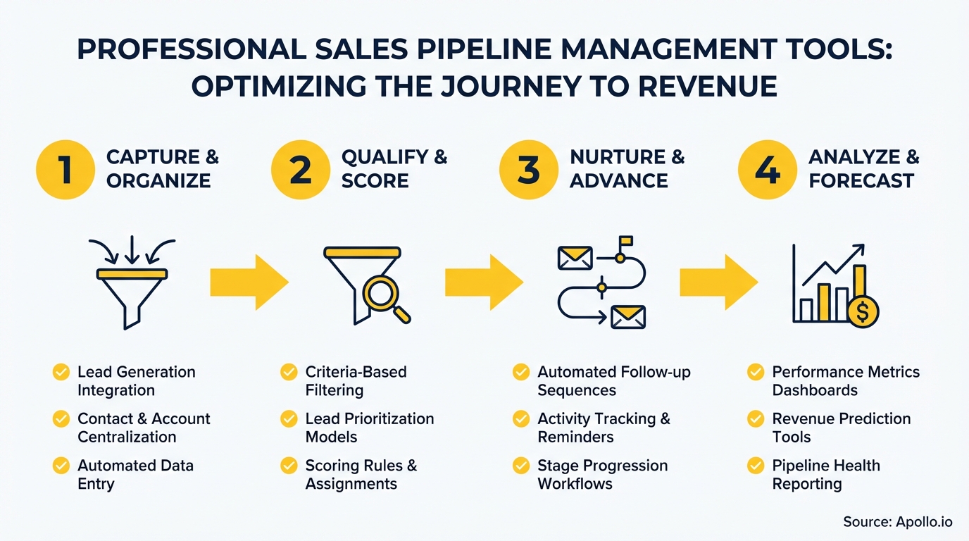 Four-step sales pipeline management process with icons for capture, qualify, nurture, and analyze.
