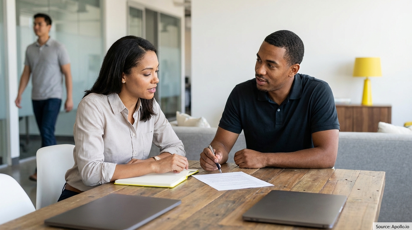 Two colleagues discuss a document at a wooden office table, a person walks in the background.