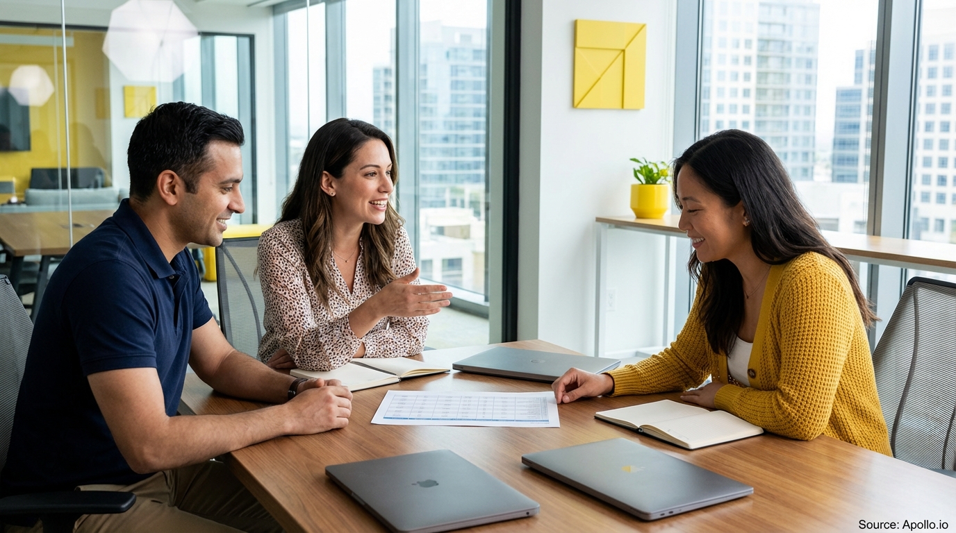 Three smiling colleagues discuss a report at a bright, modern office table.