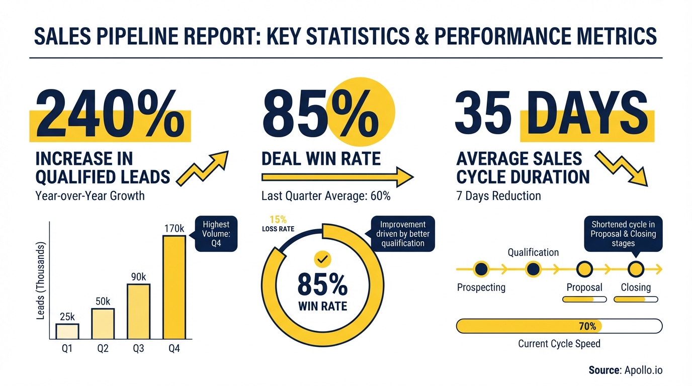 Infographic summarizing sales pipeline performance with lead increase, deal win rate, and sales cycle duration.