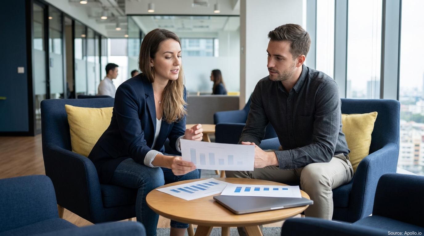 Two professionals review a bar chart document in a modern office lounge.