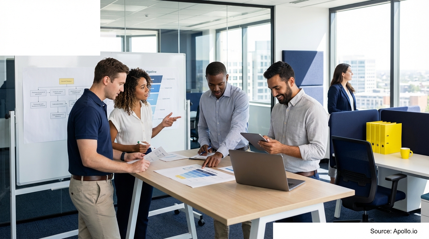 Sales team collaborating in a modern open-plan office analyzing sales pipeline