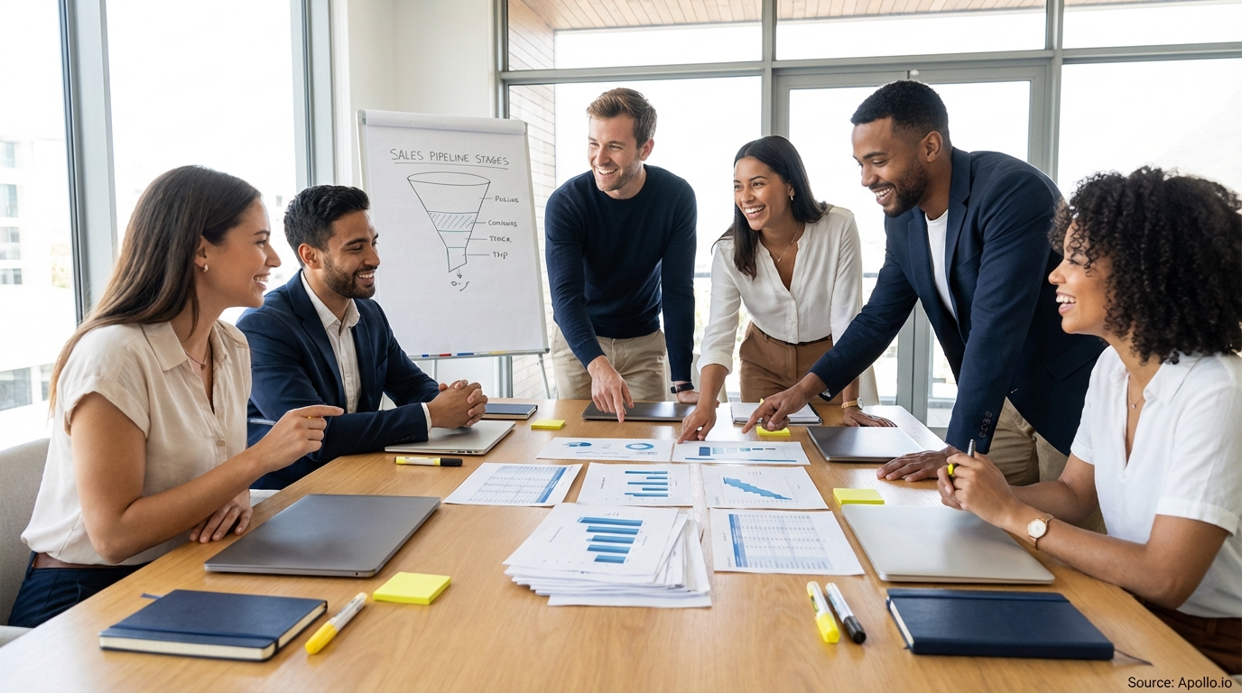 Sales professionals discussing strategy around a conference table analyzing sales pipeline