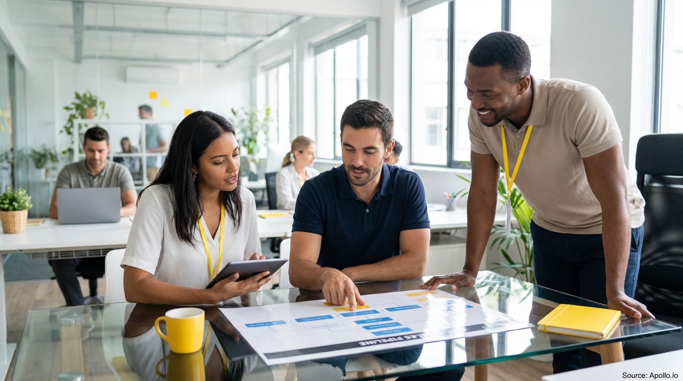 Sales team collaborating in a modern open-plan office analyzing sales pipeline