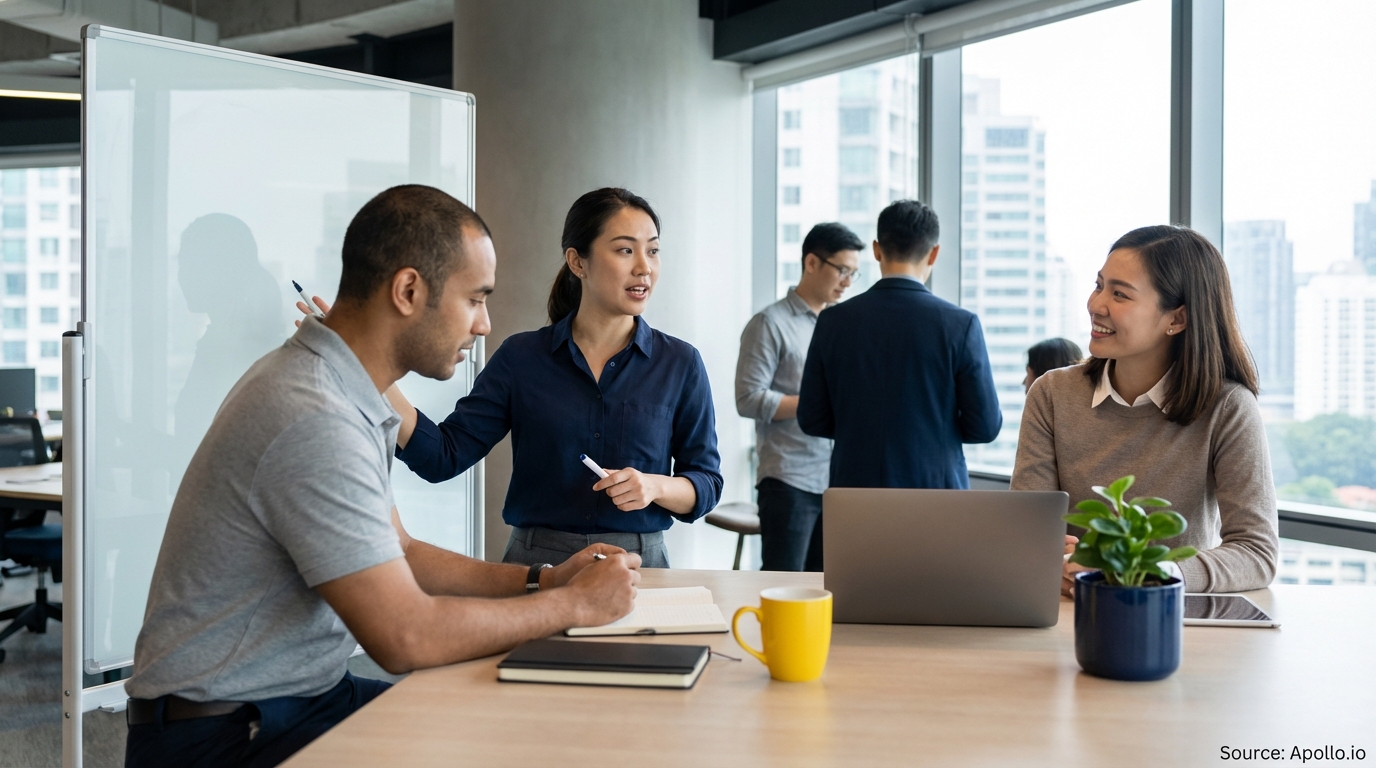 Three professionals discuss at a modern office table, one explains with a marker, city view in background.