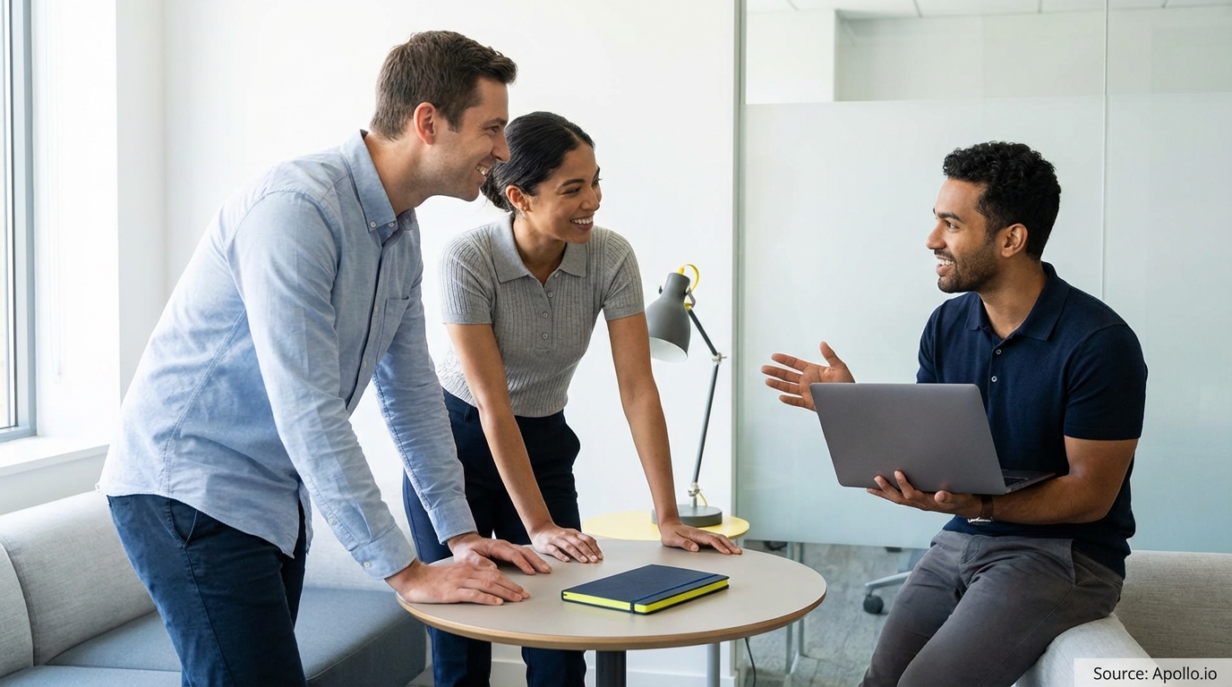 Three professionals discuss at a modern office table, one presenting on a laptop.