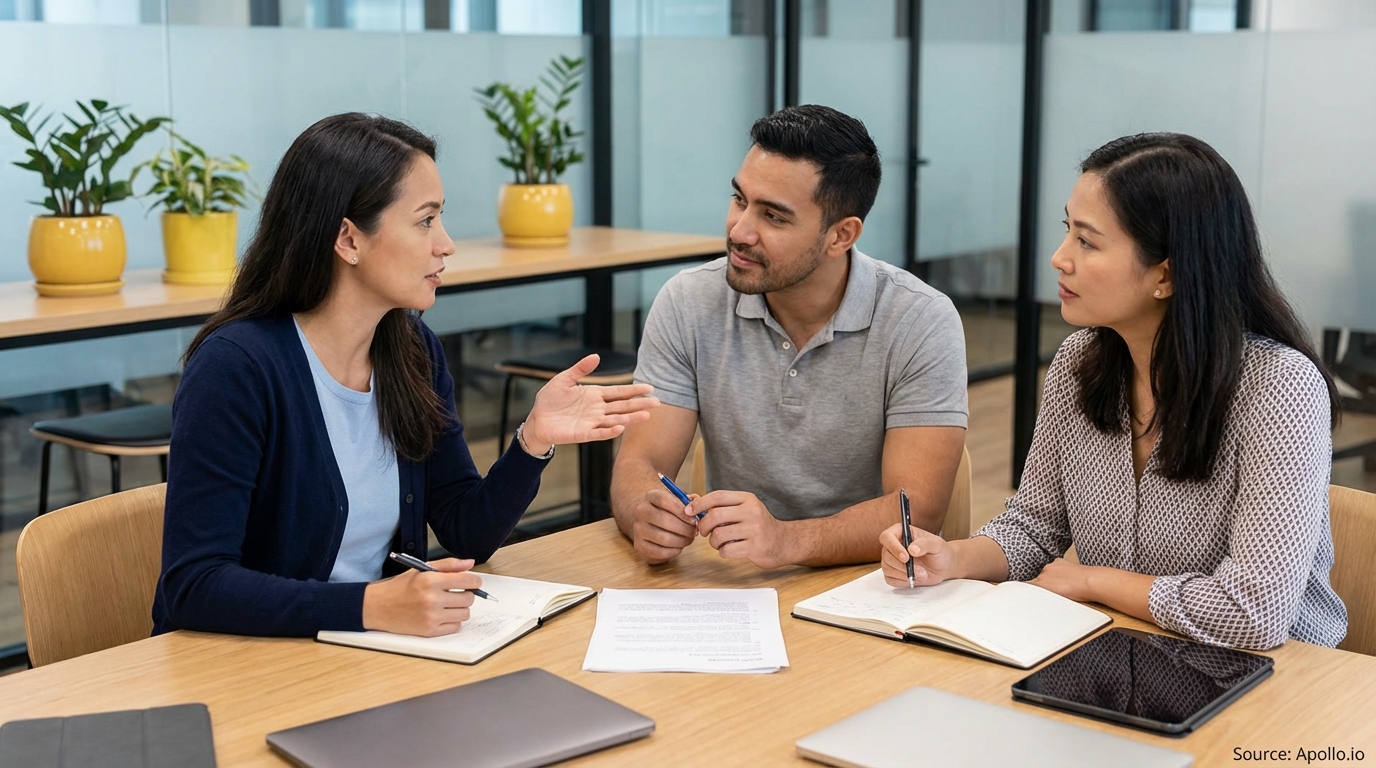 Three professionals discuss around a table, taking notes in a modern office.