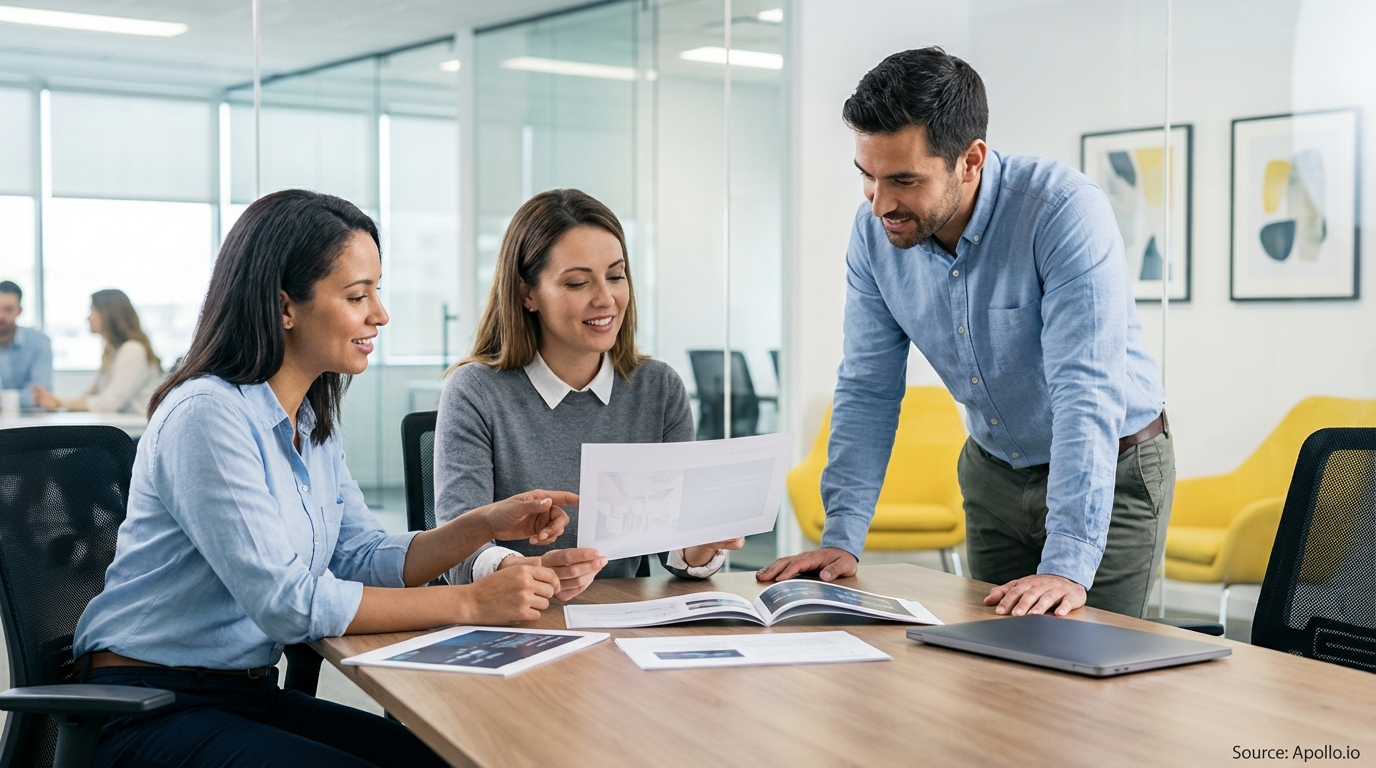 Three colleagues discuss presentation materials and a laptop at a modern office.