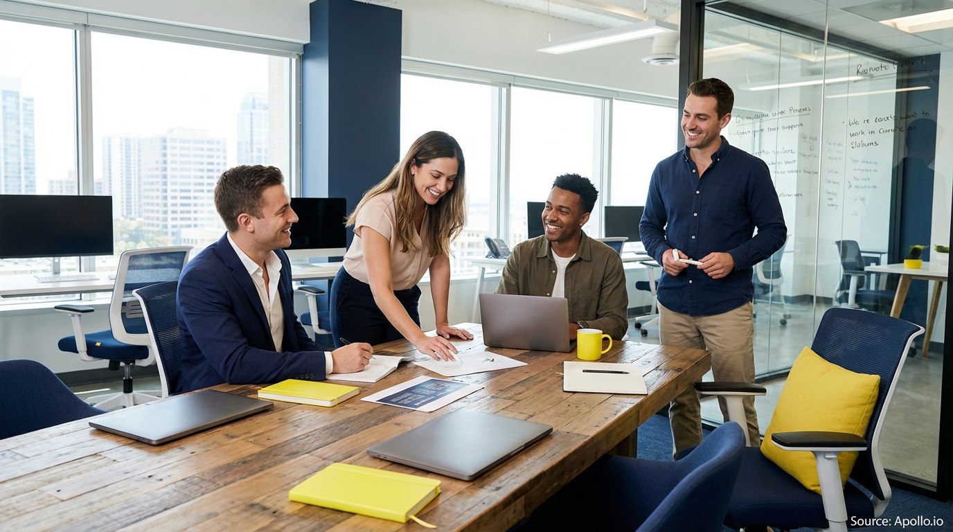 Sales team collaborating in a modern open-plan office in a sales team meeting