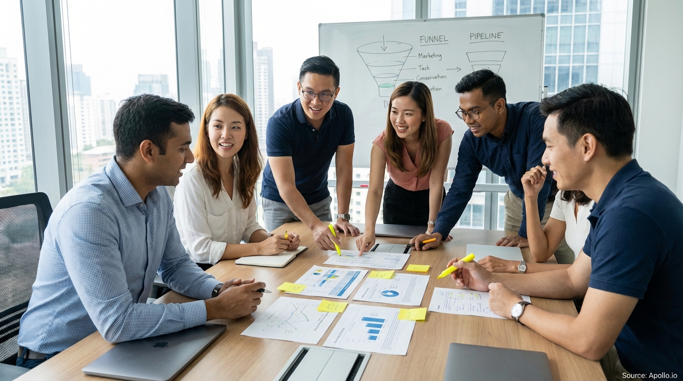 Sales professionals discussing strategy around a conference table in a sales team meeting