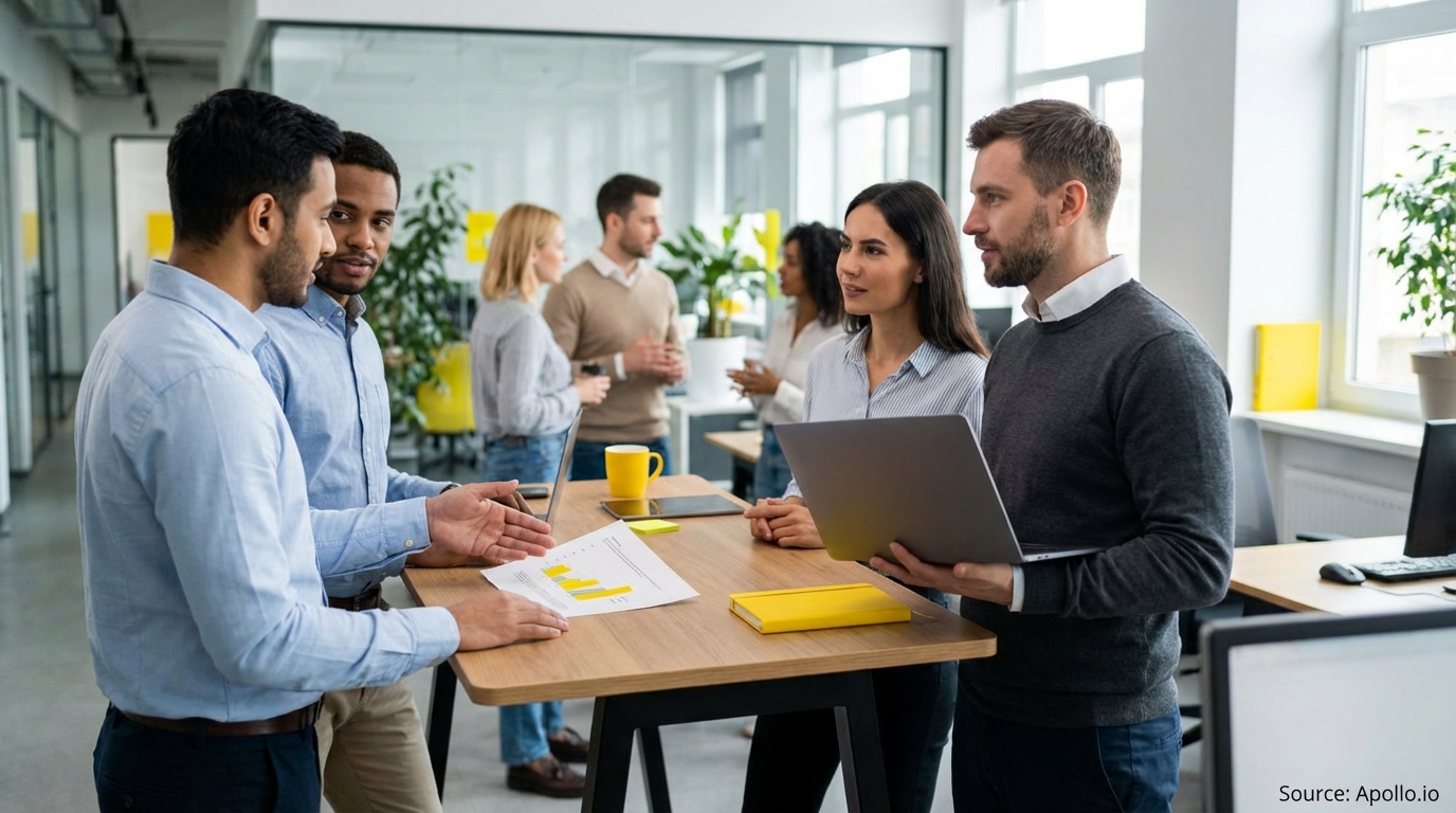 Sales team collaborating in a modern open-plan office in a sales team meeting