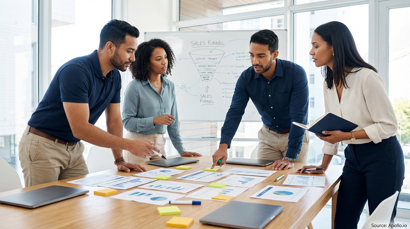 Sales professionals discussing strategy around a conference table in a sales team meeting