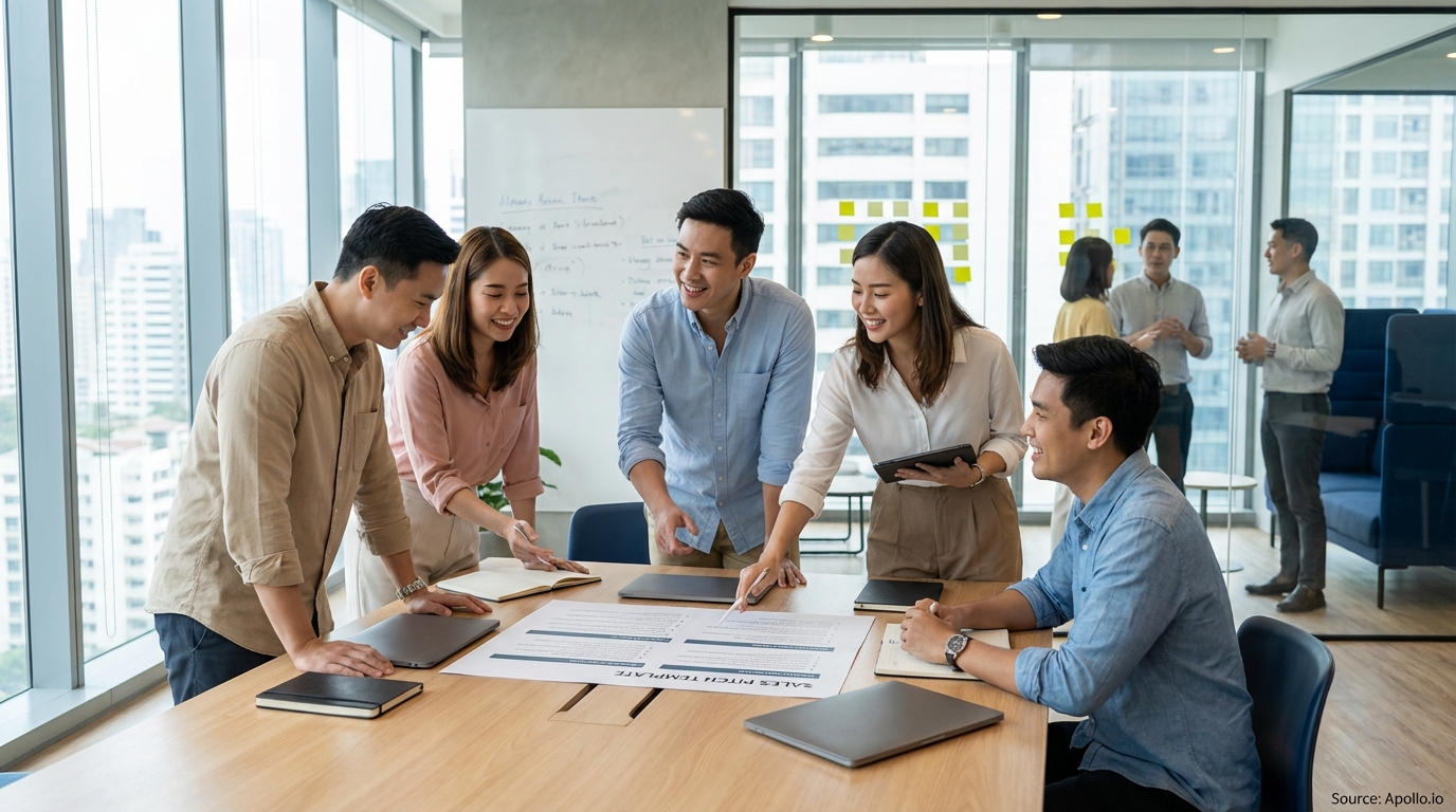 Sales team collaborating in a modern open-plan office in a sales team meeting