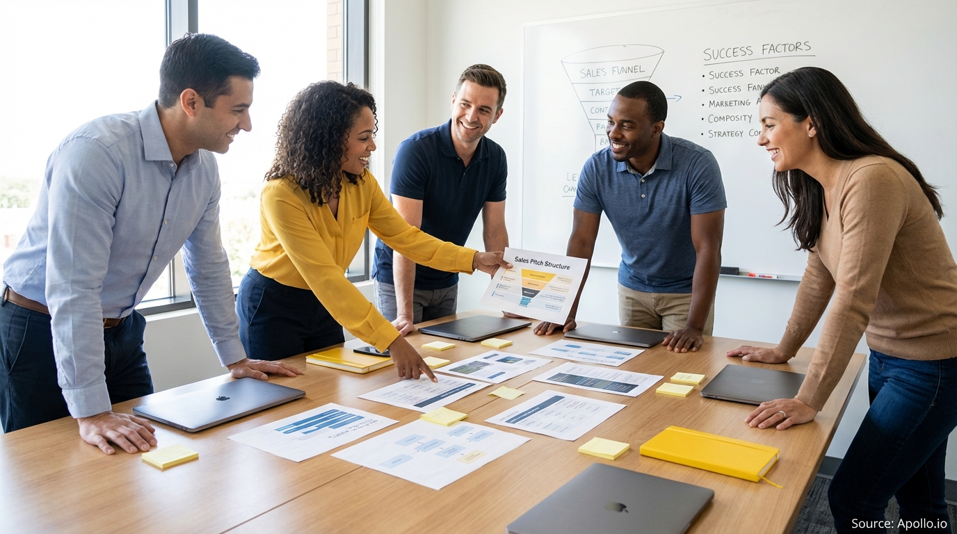 Sales professionals discussing strategy around a conference table in a sales team meeting