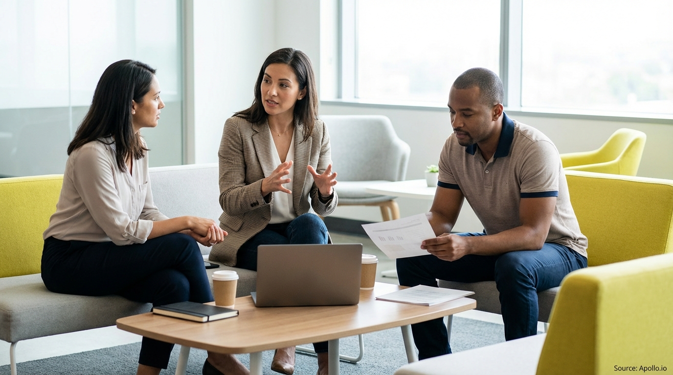 Three professionals discuss strategy in a modern office lounge.
