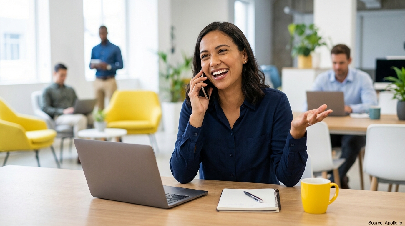 Five professionals work on laptops and phones in a bright, open office.