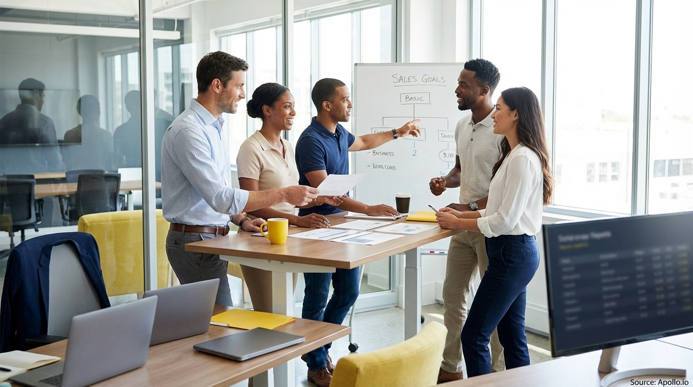 Sales team collaborating in a modern open-plan office developing growth strategies