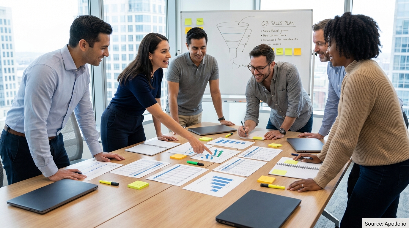 Sales professionals discussing strategy around a conference table developing growth strategies