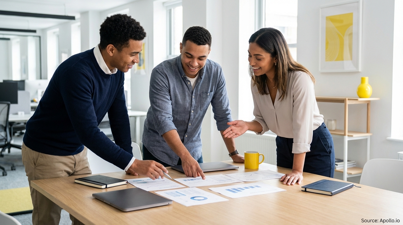 Three smiling professionals review charts and discuss ideas at a modern office table.