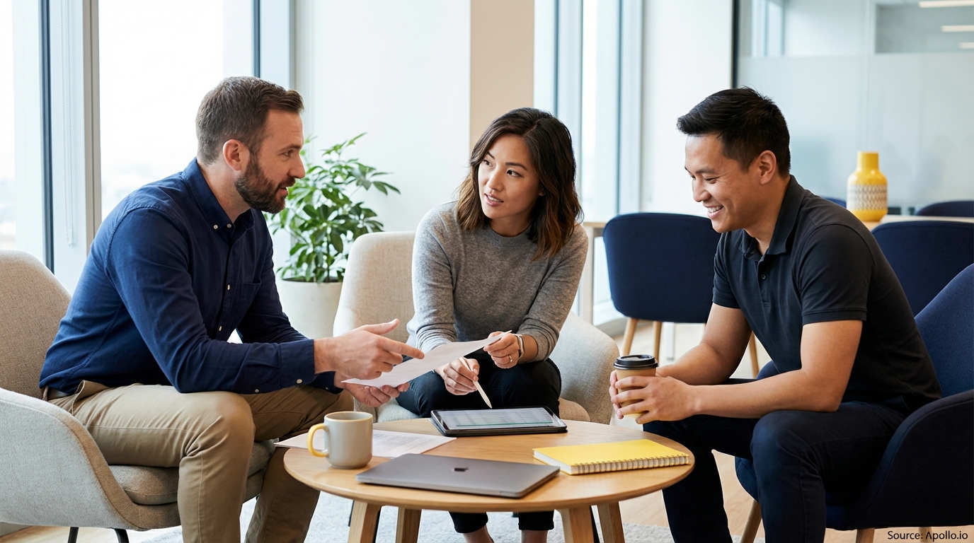 Three colleagues collaborate, reviewing documents at a modern office lounge table.