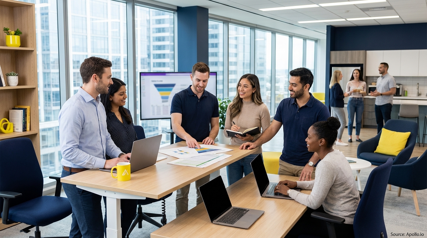Sales team collaborating in a modern open-plan office in a sales team meeting