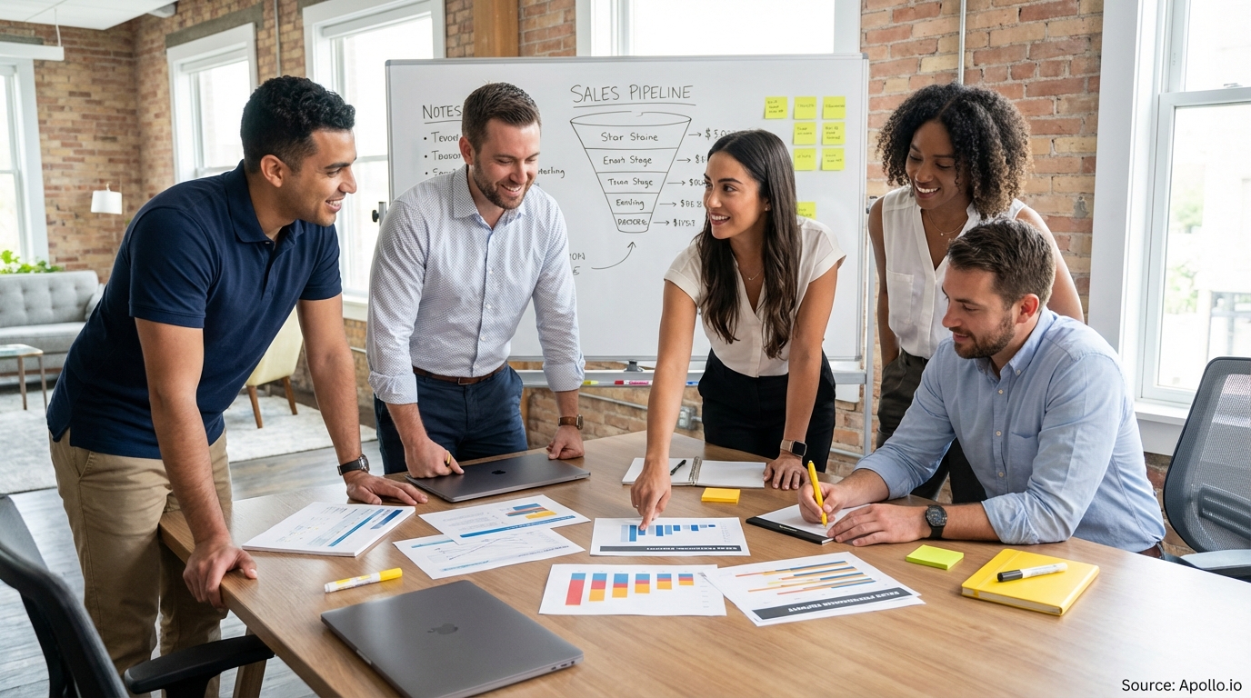 Sales professionals discussing strategy around a conference table in a sales team meeting
