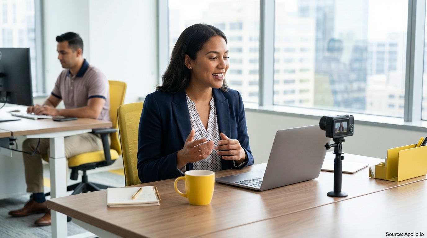Woman records a sales presentation on laptop in a bright office with another person working.