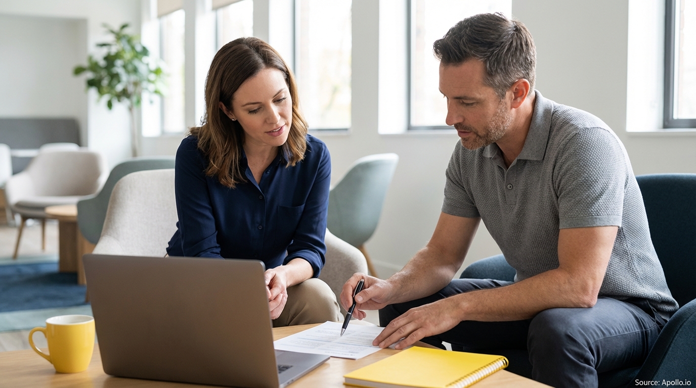 Two professionals discuss documents and a laptop in a modern office.