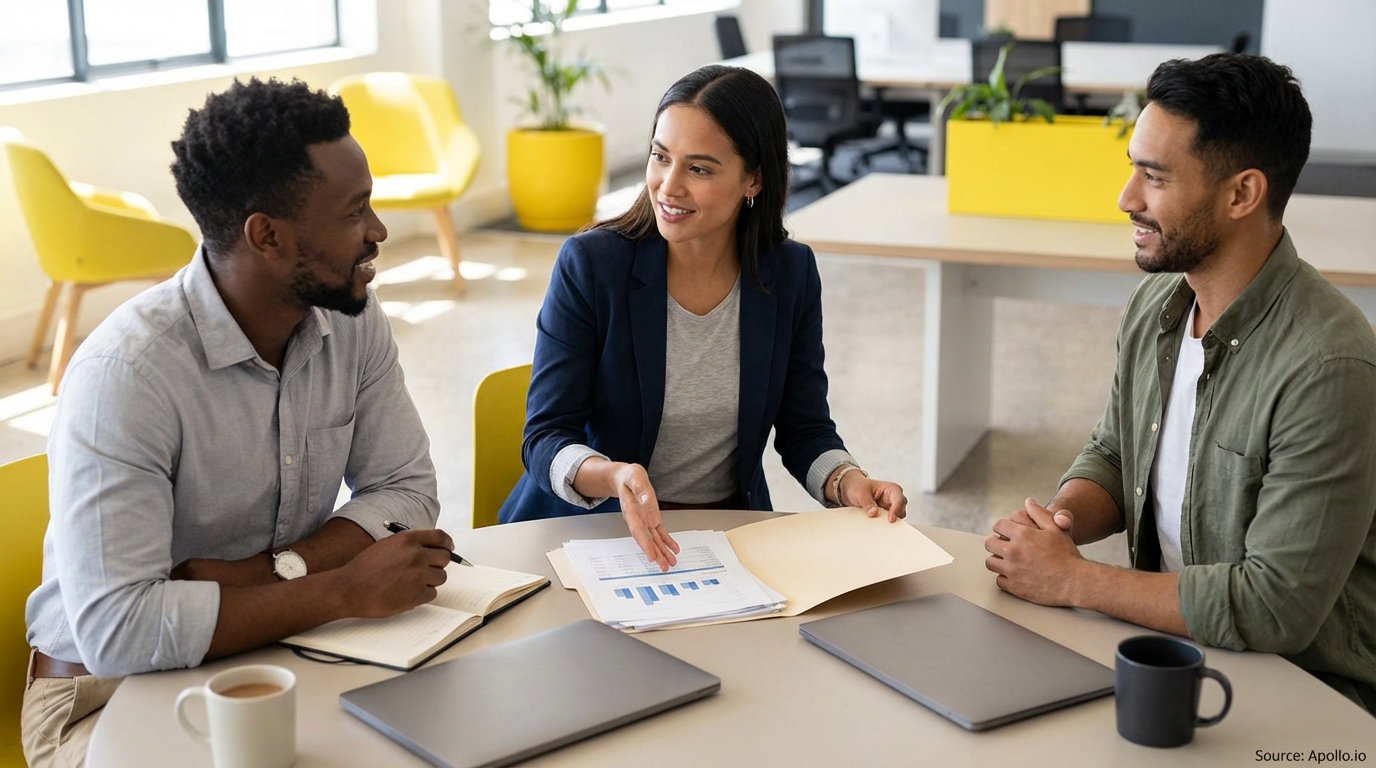 Three colleagues discuss sales presentation charts in a bright office.