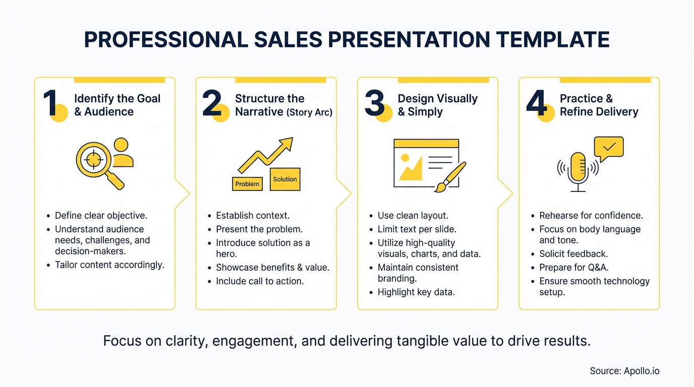 Infographic displaying four steps for a professional sales presentation template.