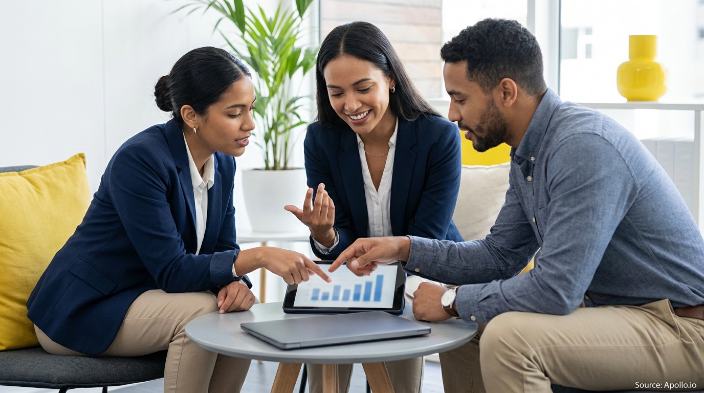 Three colleagues point at a bar graph on a tablet during a business meeting.