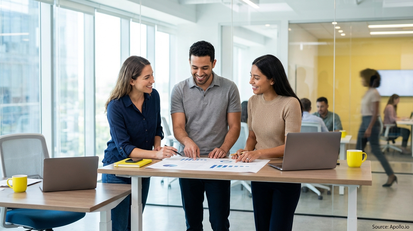 Sales team collaborating in a modern open-plan office in a sales team meeting