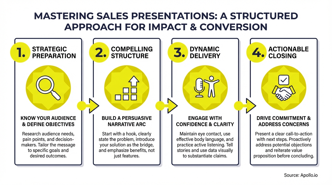Infographic summarizing key sales strategy with actionable steps
