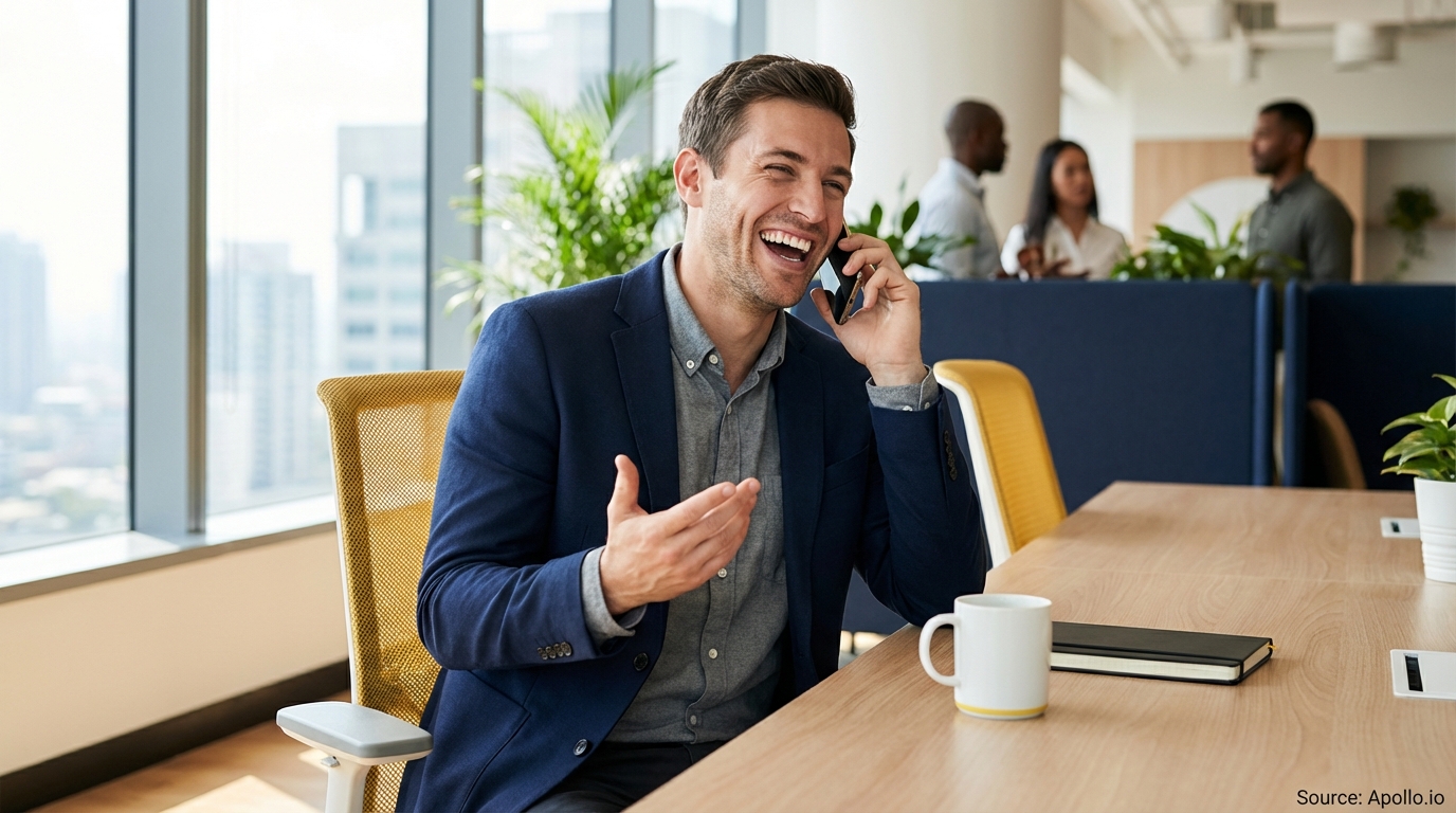 A man laughs on a phone call in a bright, modern office with colleagues in the background.
