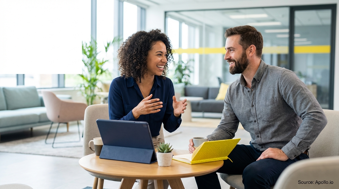 Two smiling colleagues discuss at a modern office table with a tablet and notebook.