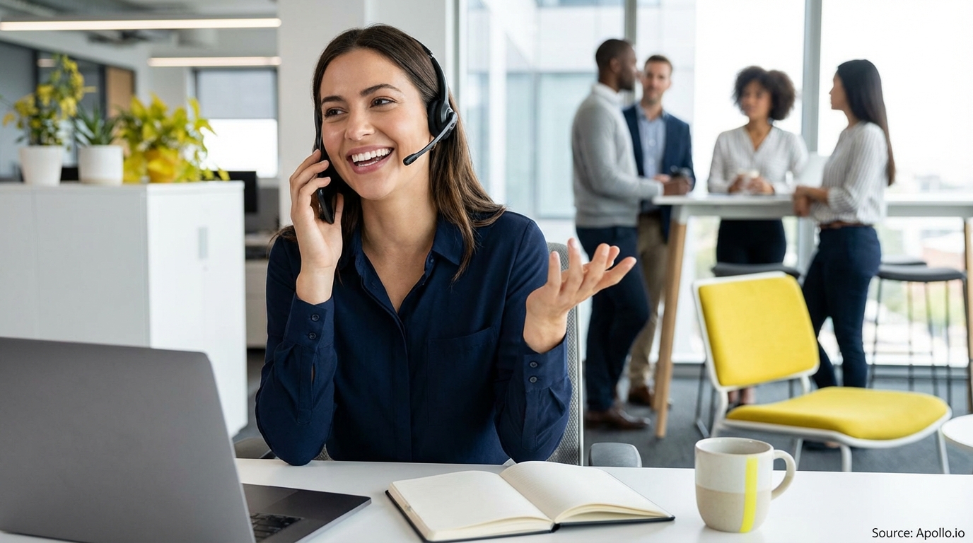 A smiling woman with a headset talks on the phone while colleagues discuss in a modern office.
