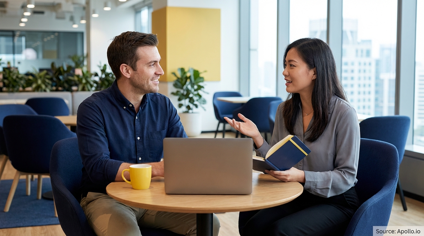 Two smiling professionals discuss ideas at a modern office table with a laptop and notebook.