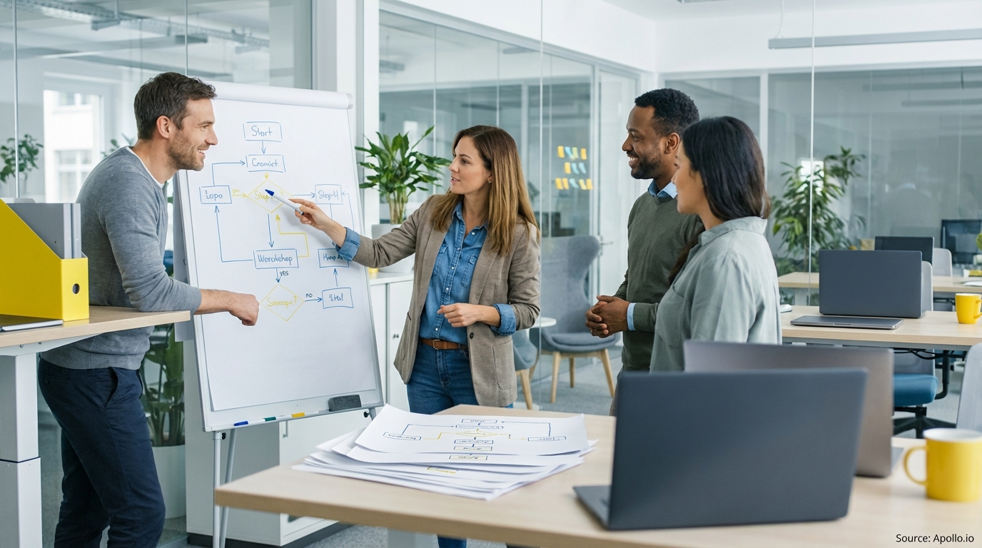 Sales team collaborating in a modern open-plan office in a sales team meeting
