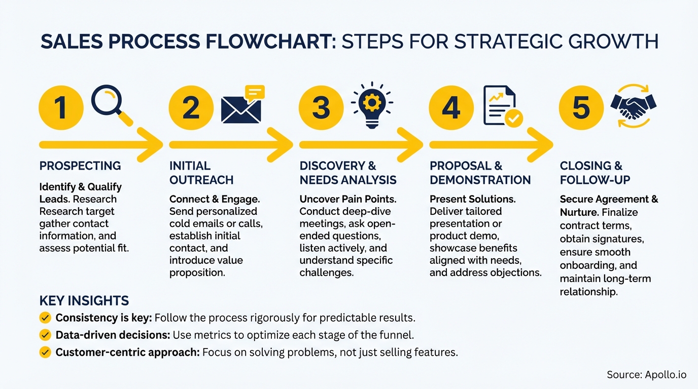 Infographic summarizing key sales strategy with actionable steps