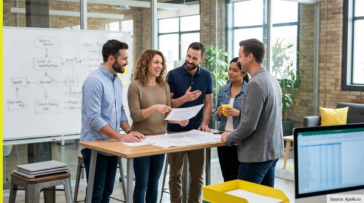Sales team collaborating in a modern open-plan office in a sales team meeting