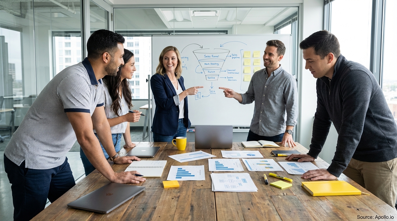Sales professionals discussing strategy around a conference table in a sales team meeting