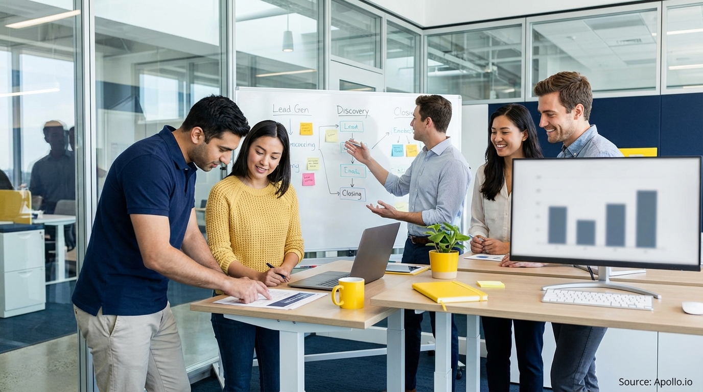 Sales team collaborating in a modern open-plan office in a sales team meeting
