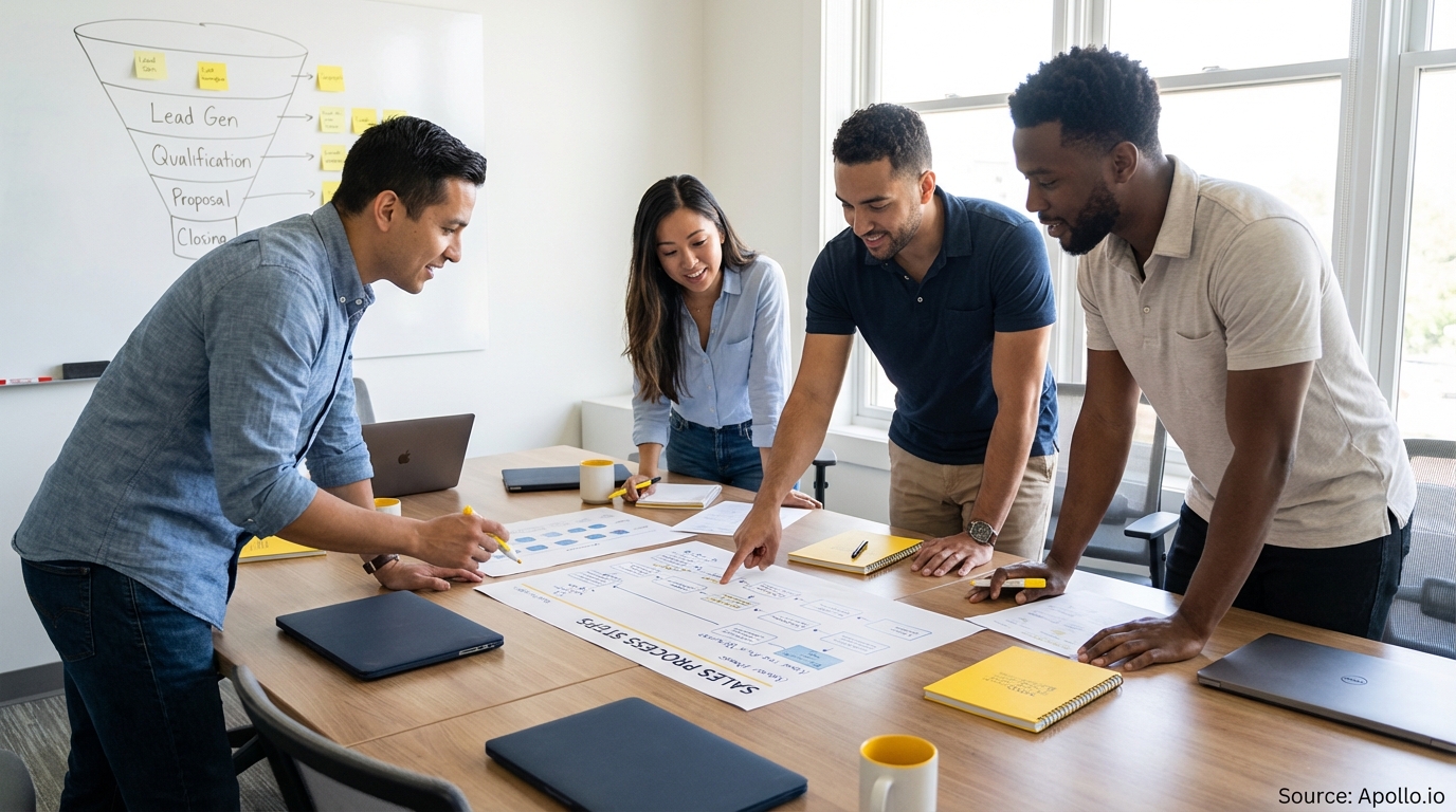 Sales professionals discussing strategy around a conference table in a sales team meeting