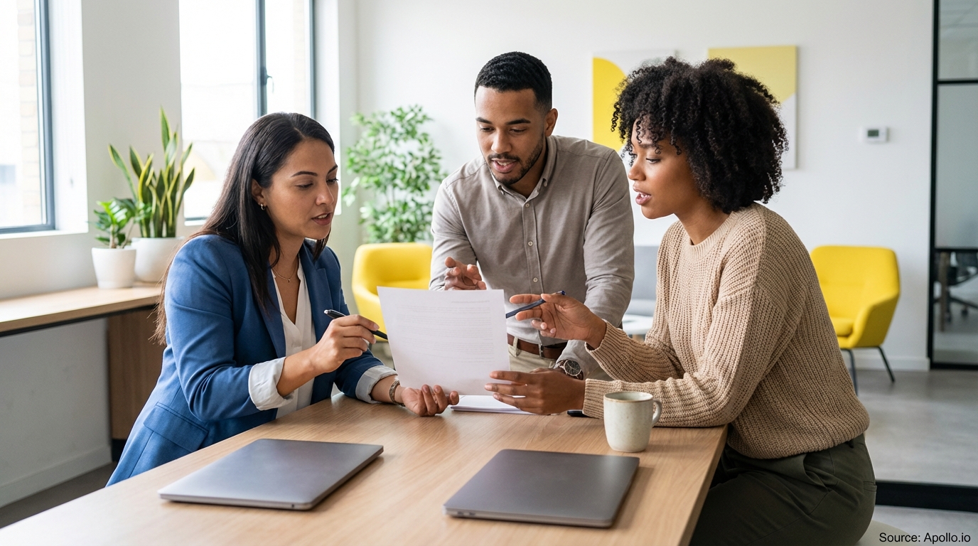 Three professionals collaborate on a document at a modern office table.