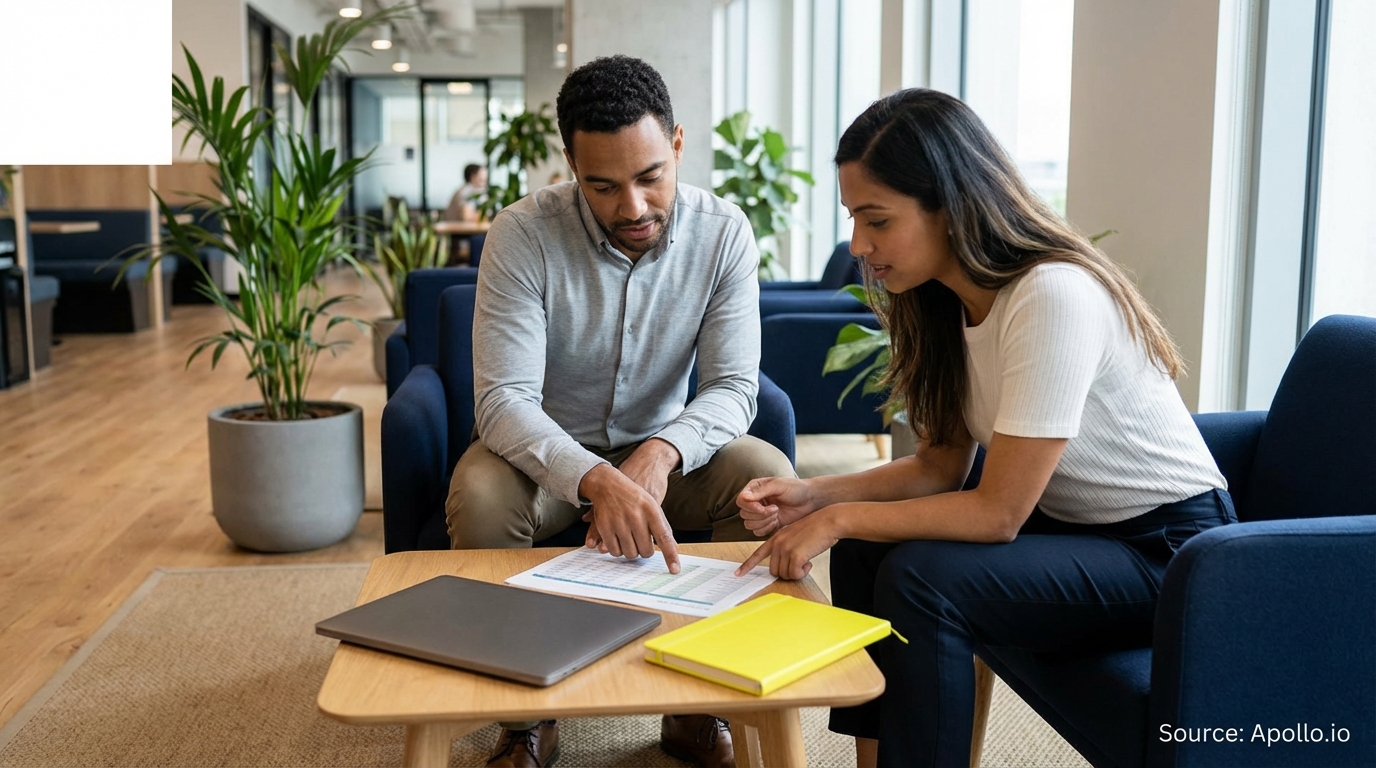 Two professionals review a document on a table in a modern office lounge.