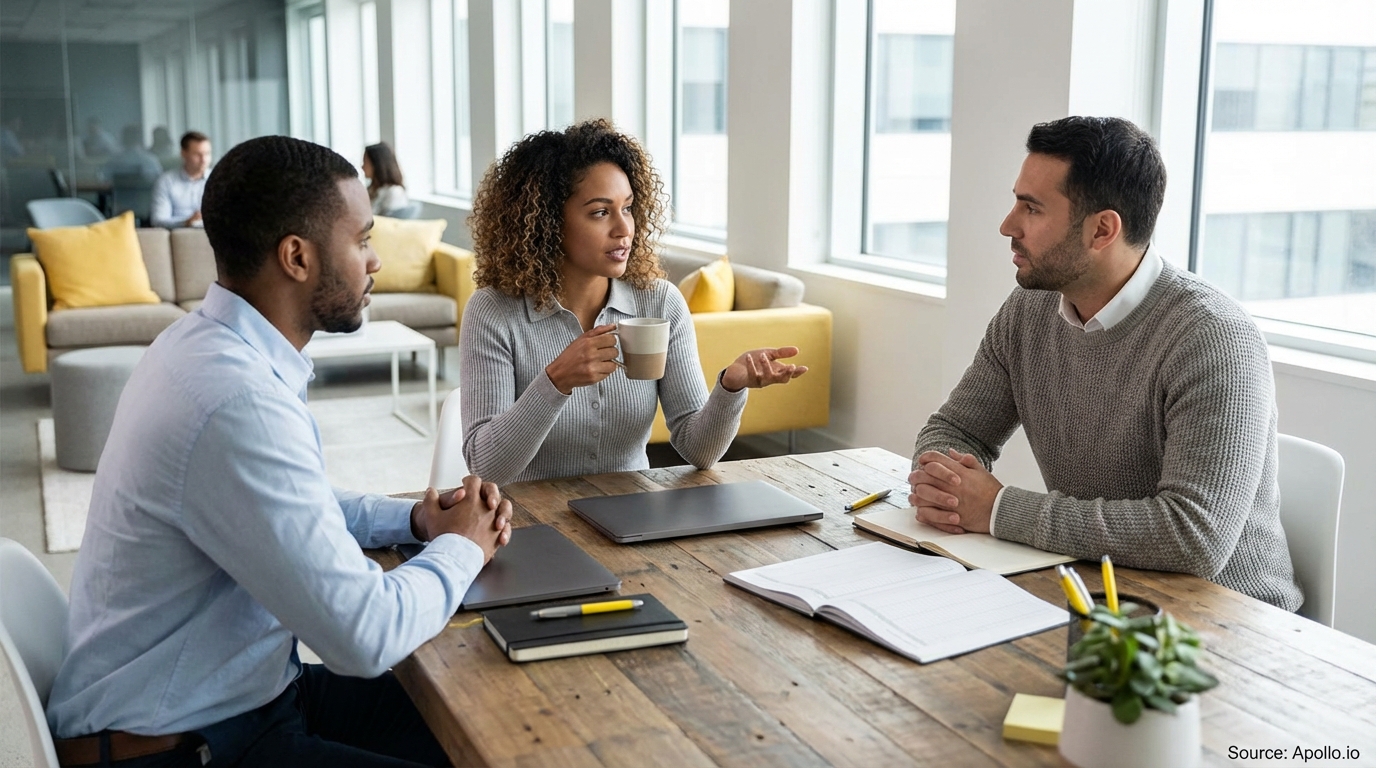Three diverse colleagues meet and discuss strategy at a wooden office table.
