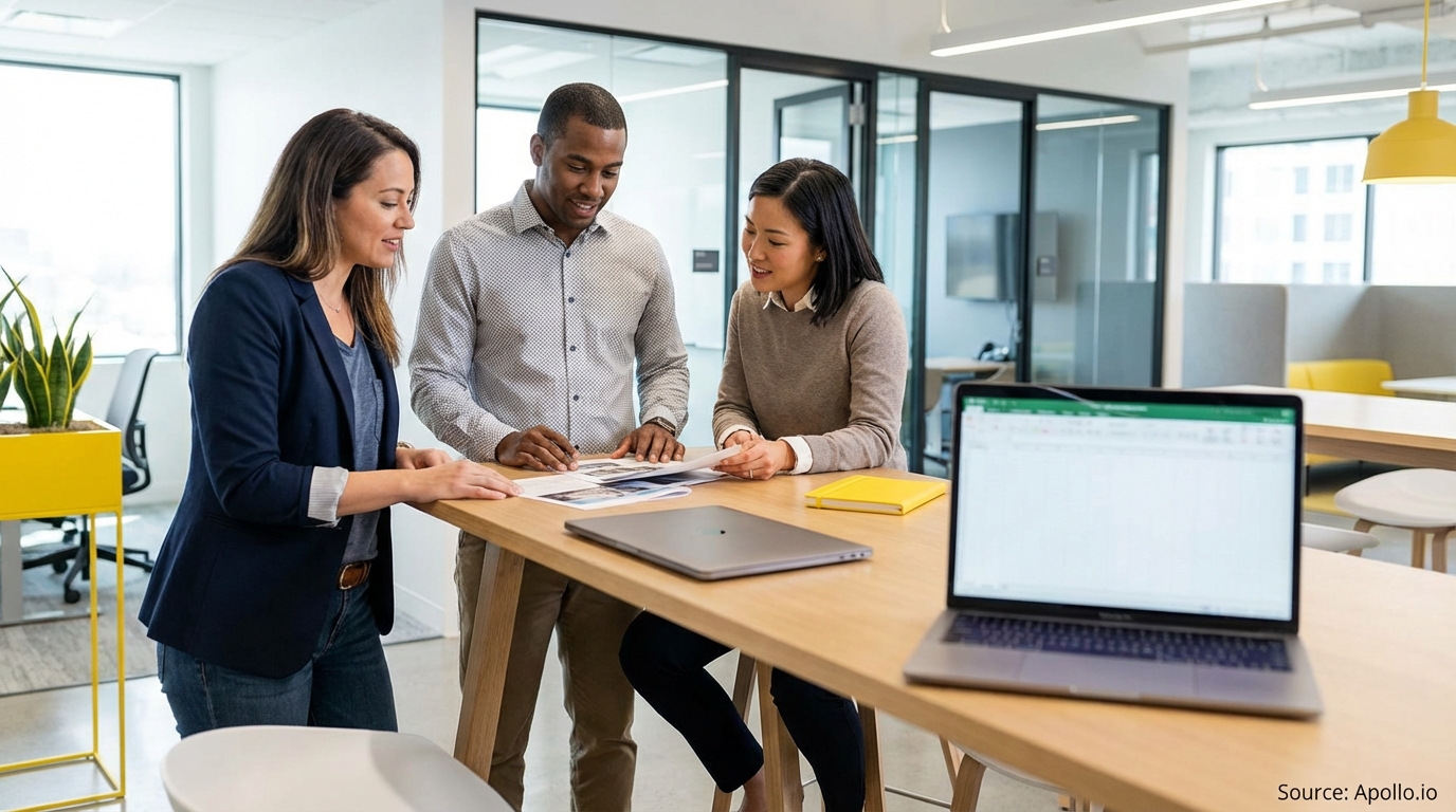 Sales team collaborating in a modern open-plan office in a sales team meeting