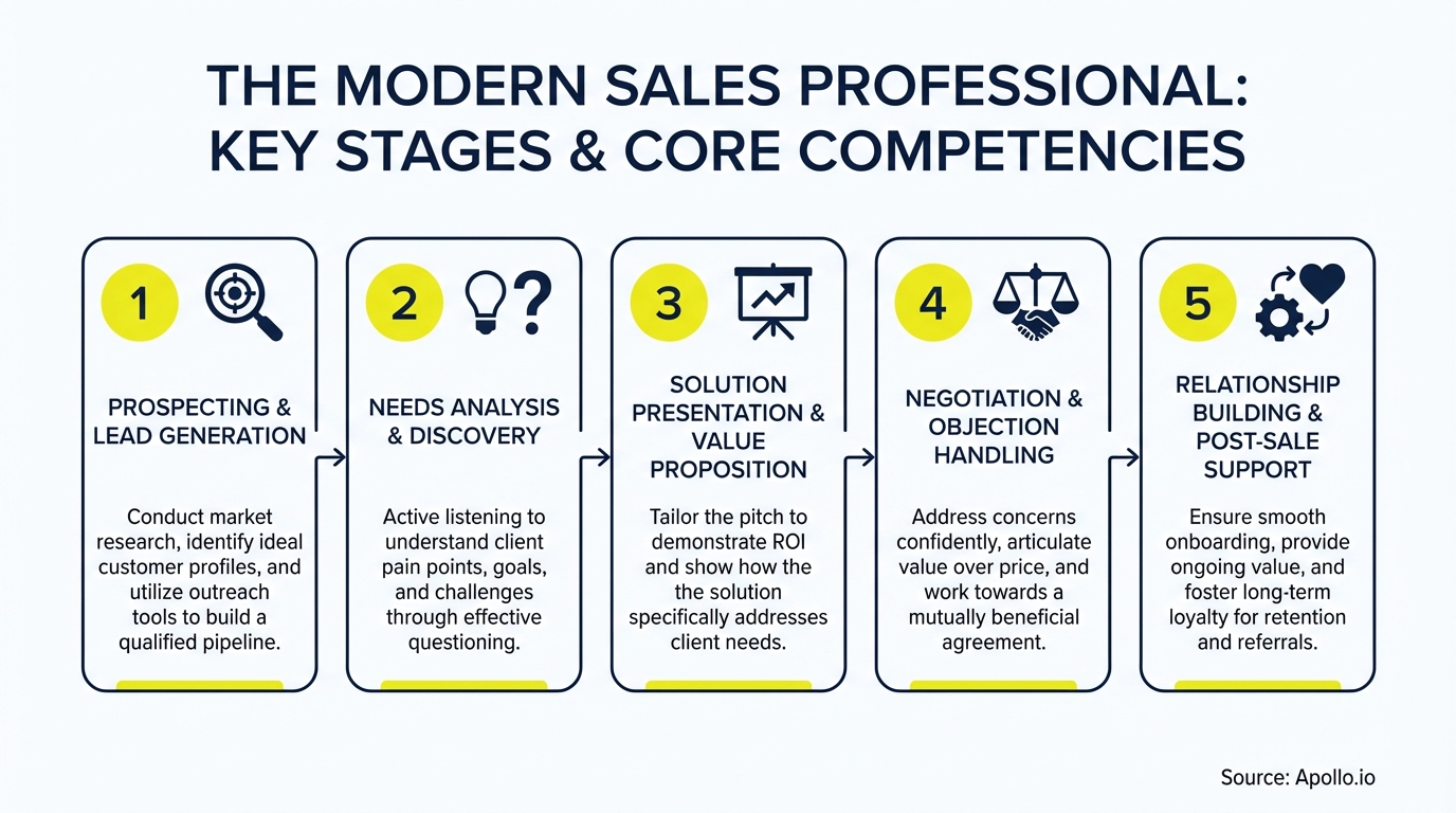 Infographic summarizing key sales strategy with actionable steps